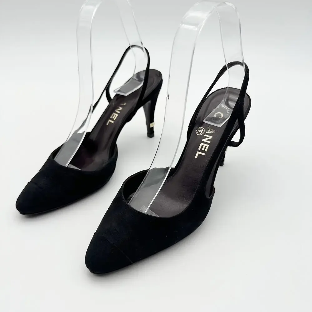 Chanel Slingback Heels 36.5 Black Suede Gold Cap Toe Vintage CC Logo Block Heel - Picture 8 of 9